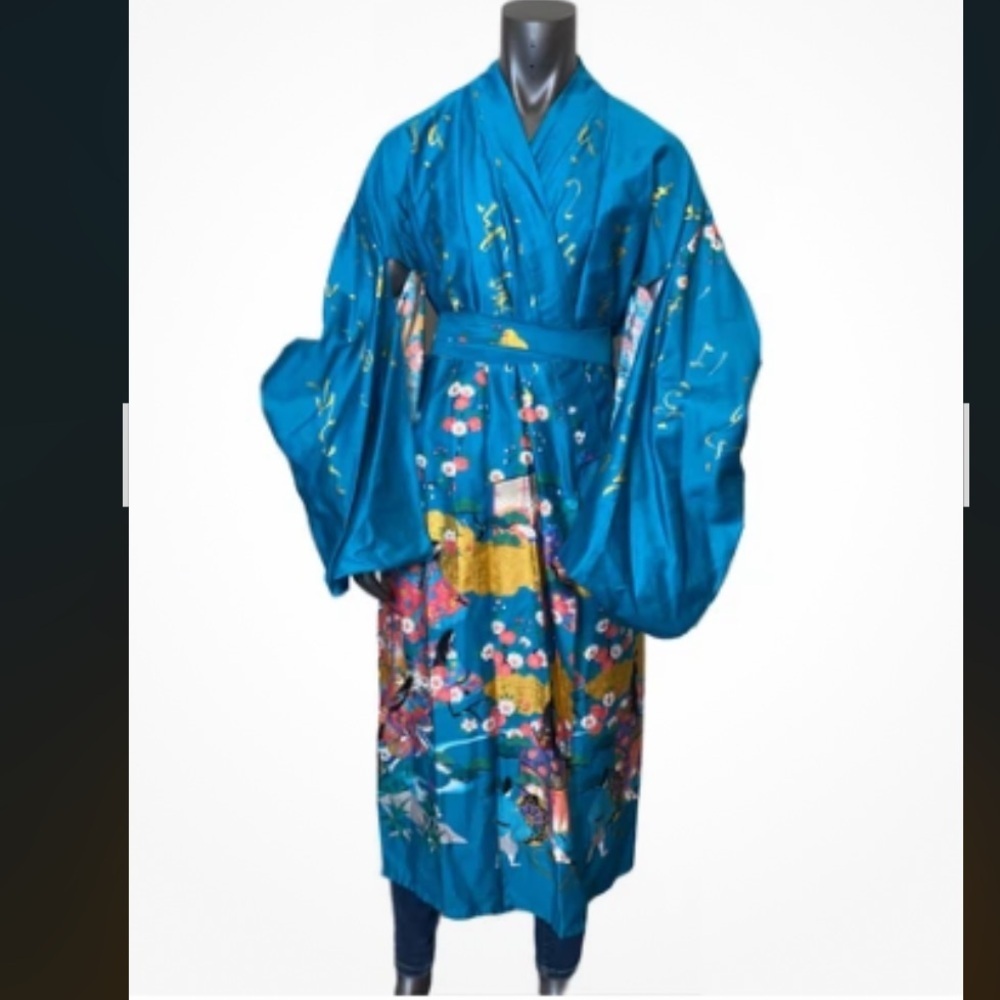 Smithsonian Turquoise Floral Kimono Robe 100% Cotton Women’s Size M Japan - Picture 11 of 11